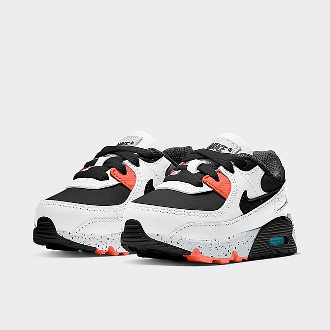 Three Quarter view of Kids' Toddler Nike Air Max 90 Casual Shoes in Black/White/Black Click to zoom