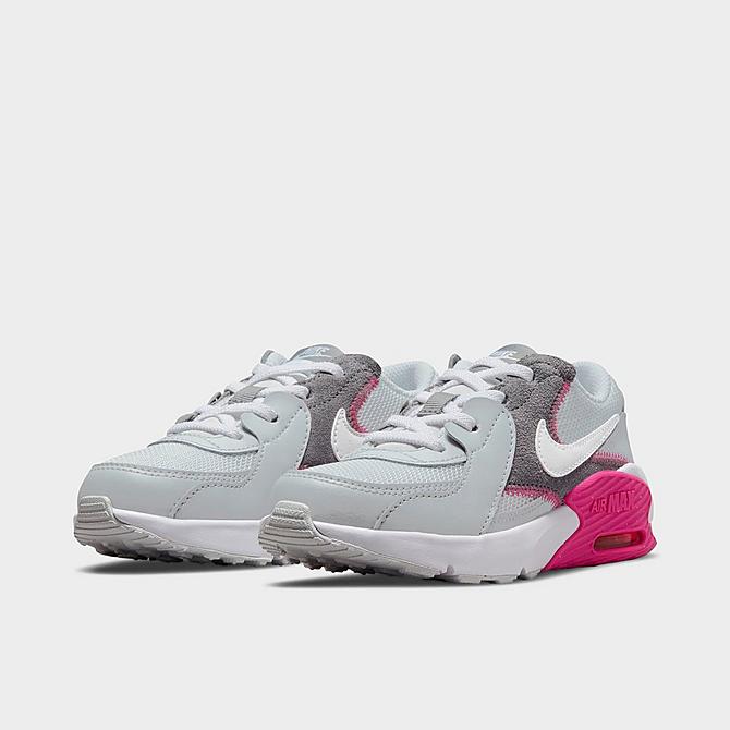 Three Quarter view of Girls' Little Kids' Nike Air Max Excee Casual Shoes in Pure Platinum/White/Pink Prime/Smoke Grey Click to zoom