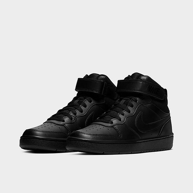 Three Quarter view of Big Kids' Nike Court Borough Mid 2 Casual Shoes in Black/Black/Black Click to zoom