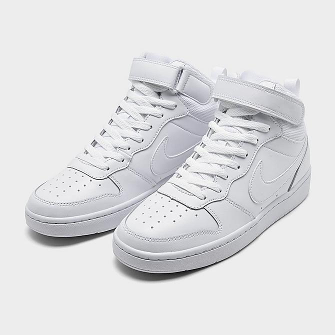 Three Quarter view of Big Kids' Nike Court Borough Mid 2 Casual Shoes in White/White/White Click to zoom