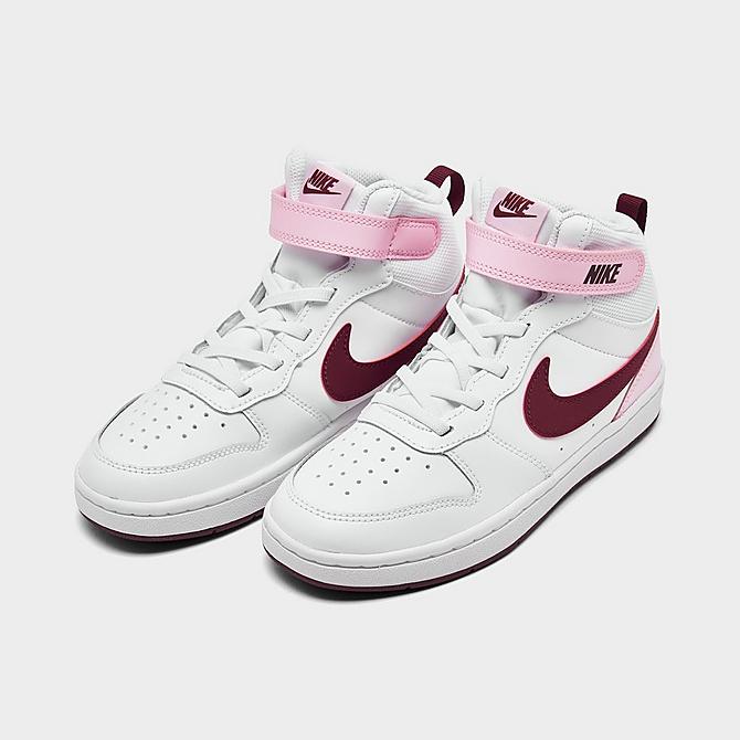 Three Quarter view of Girls' Little Kids' Nike Court Borough Mid 2 Casual Shoes in White/Dark Beetroot/Pink Foam Click to zoom