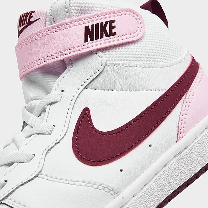 Front view of Girls' Little Kids' Nike Court Borough Mid 2 Casual Shoes in White/Dark Beetroot/Pink Foam Click to zoom