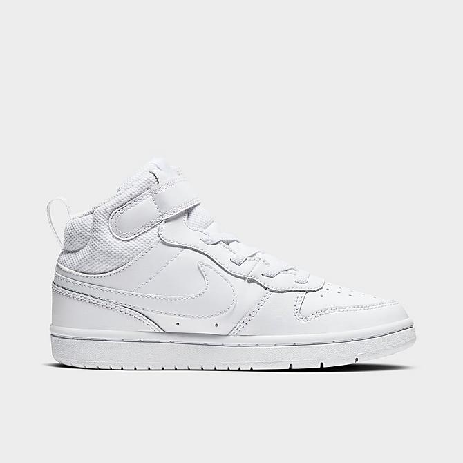 Front view of Little Kids' Nike Court Borough Mid 2 Casual Shoes in White/White-White Click to zoom