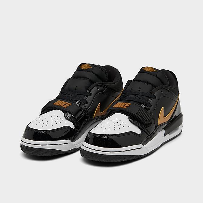Three Quarter view of Boys' Big Kids' Jordan Legacy 312 Low Off-Court Shoes in Black/Metallic Gold/White Click to zoom