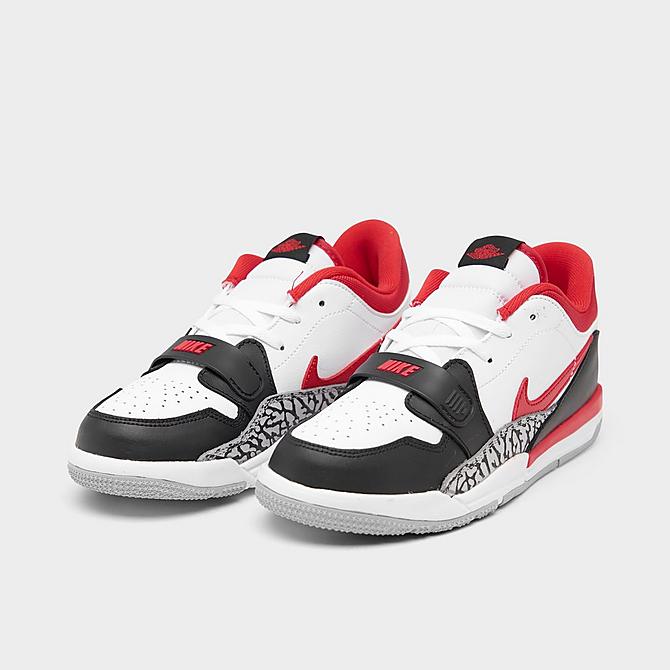 Three Quarter view of Boys' Little Kids' Jordan Legacy 312 Low Off-Court Shoes in White/Fire Red/Black/Wolf Grey Click to zoom