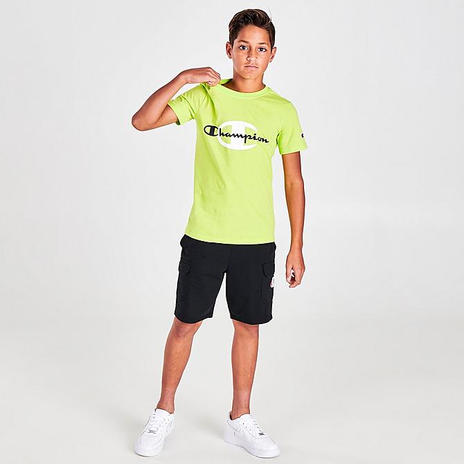 Front Three Quarter view of Boys' Champion Dual Logo T-Shirt in Sweet Green Click to zoom