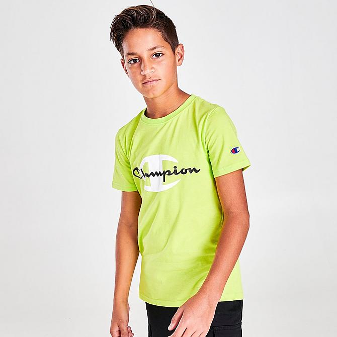 Back Left view of Boys' Champion Dual Logo T-Shirt in Sweet Green Click to zoom