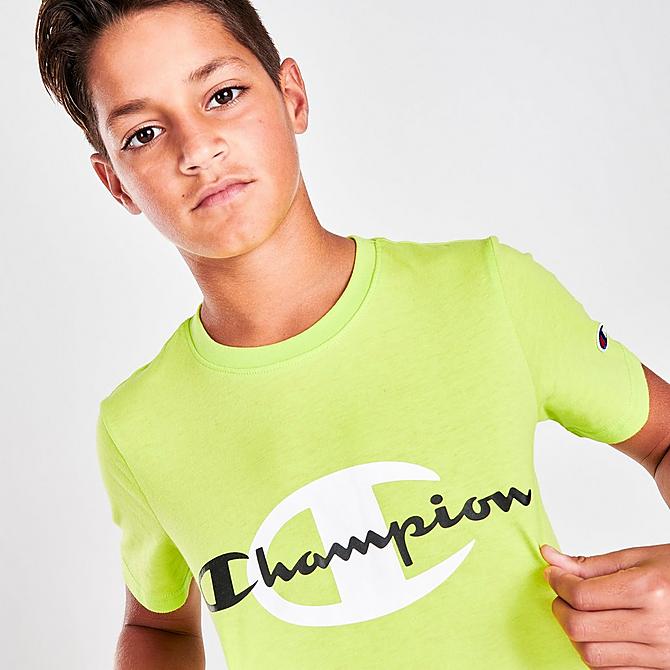 On Model 6 view of Boys' Champion Dual Logo T-Shirt in Sweet Green Click to zoom