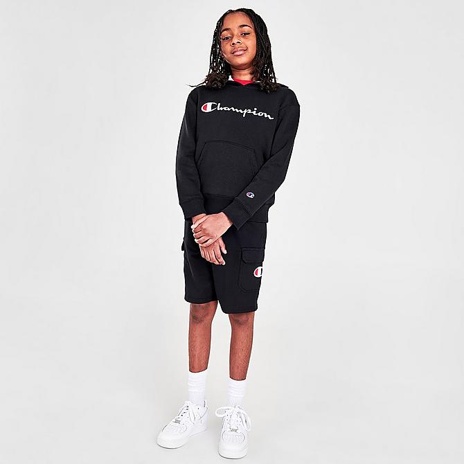 Front Three Quarter view of Kids' Champion Heritage Pullover Hoodie in Black/White Click to zoom