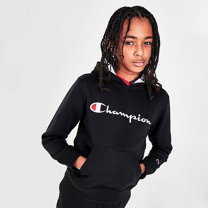 Back Left view of Kids' Champion Heritage Pullover Hoodie in Black/White Click to zoom