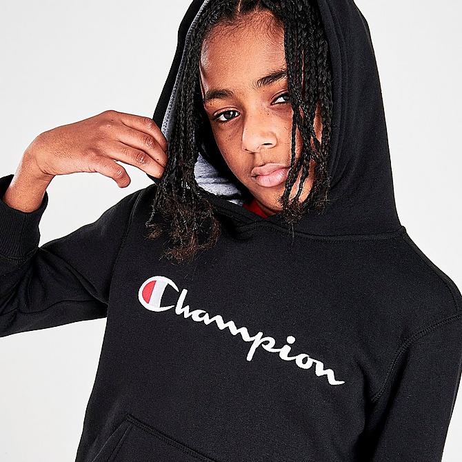 On Model 6 view of Kids' Champion Heritage Pullover Hoodie in Black/White Click to zoom
