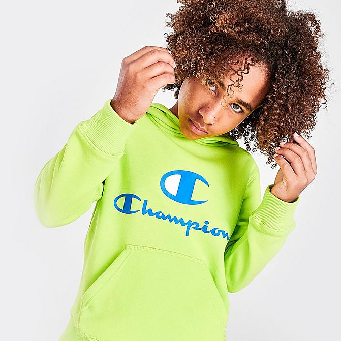 Front view of Boys' Champion Script C Pullover Hoodie in Lime/Blue Click to zoom