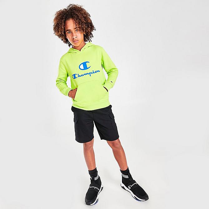 Front Three Quarter view of Boys' Champion Script C Pullover Hoodie in Lime/Blue Click to zoom