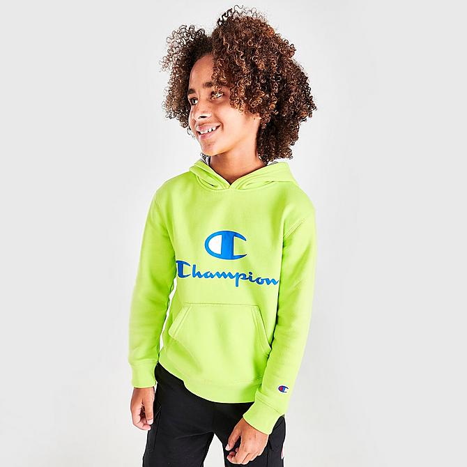 Back Left view of Boys' Champion Script C Pullover Hoodie in Lime/Blue Click to zoom