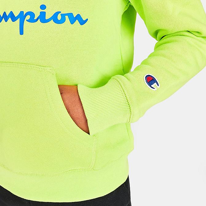 On Model 5 view of Boys' Champion Script C Pullover Hoodie in Lime/Blue Click to zoom