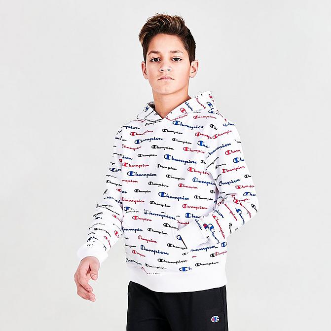 Front view of Boys' Champion Allover Print Multi Script Hoodie in White/Allover Print Click to zoom