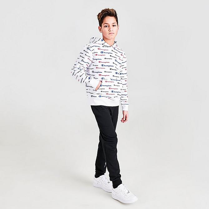 Front Three Quarter view of Boys' Champion Allover Print Multi Script Hoodie in White/Allover Print Click to zoom
