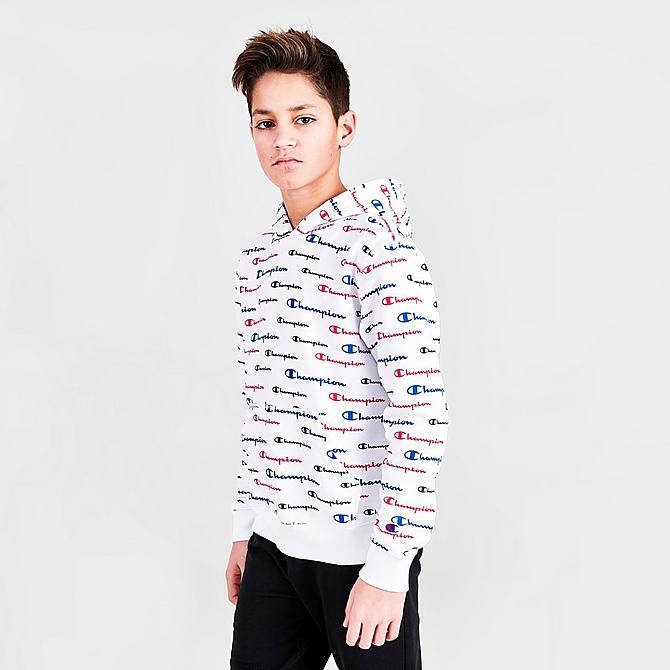 Back Left view of Boys' Champion Allover Print Multi Script Hoodie in White/Allover Print Click to zoom