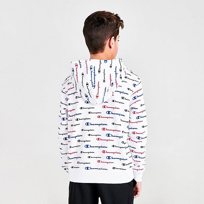 Back Right view of Boys' Champion Allover Print Multi Script Hoodie in White/Allover Print Click to zoom