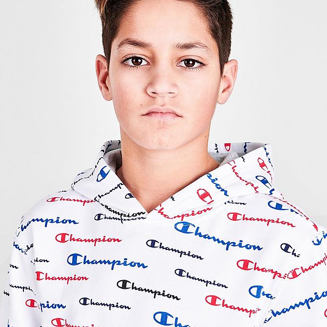 On Model 5 view of Boys' Champion Allover Print Multi Script Hoodie in White/Allover Print Click to zoom