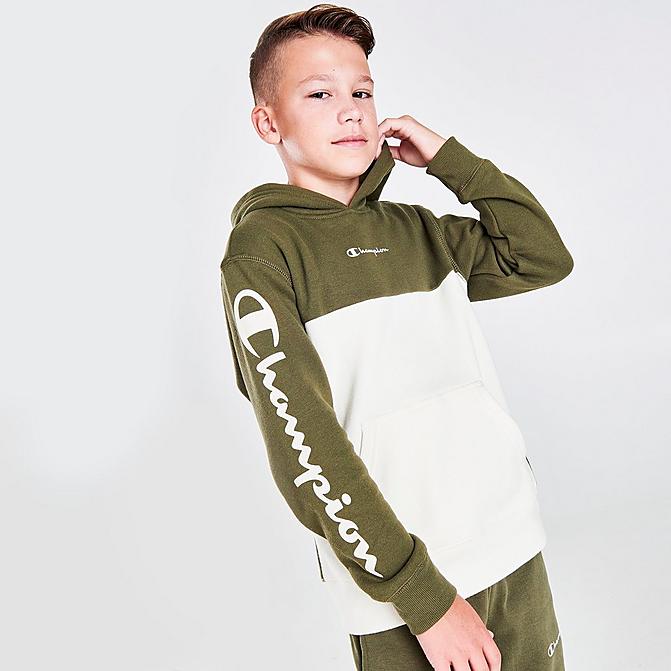 Front view of Boys' Champion Arm Hit Pullover Hoodie in Olive/White Click to zoom