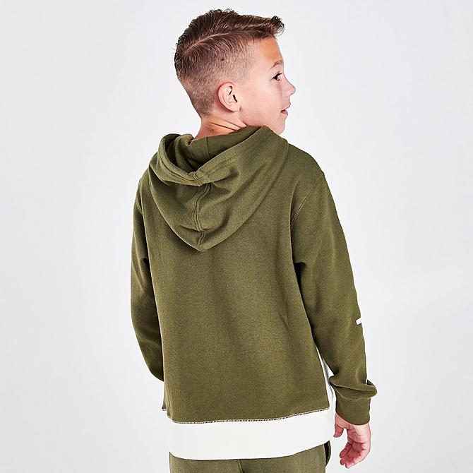 Back Right view of Boys' Champion Arm Hit Pullover Hoodie in Olive/White Click to zoom