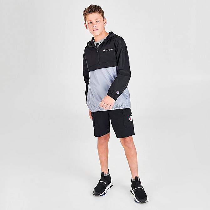 Front Three Quarter view of Boys' Champion Colorblock Half-Zip Pullover Hoodie in Black/Grey Click to zoom