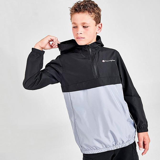 Back Left view of Boys' Champion Colorblock Half-Zip Pullover Hoodie in Black/Grey Click to zoom