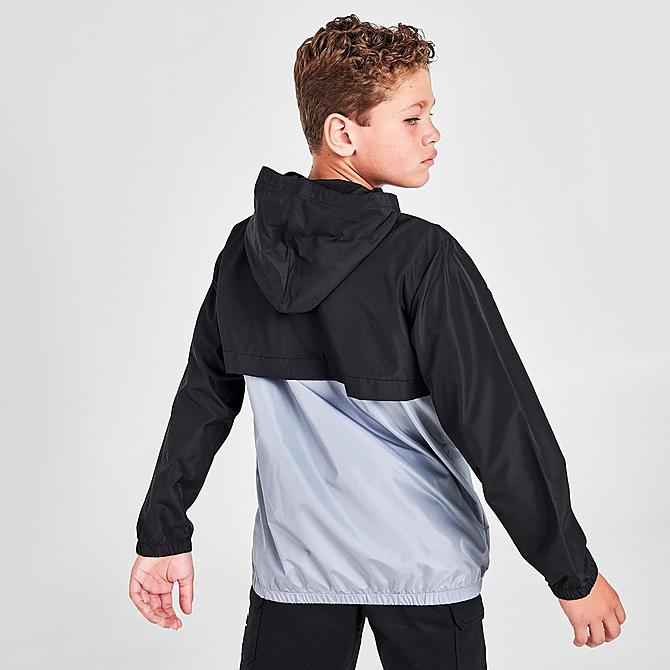 Back Right view of Boys' Champion Colorblock Half-Zip Pullover Hoodie in Black/Grey Click to zoom