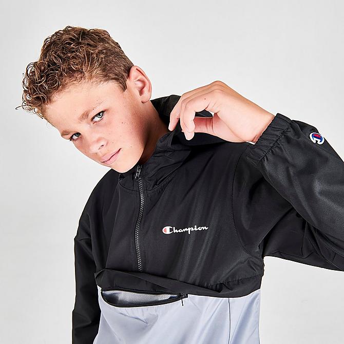On Model 6 view of Boys' Champion Colorblock Half-Zip Pullover Hoodie in Black/Grey Click to zoom