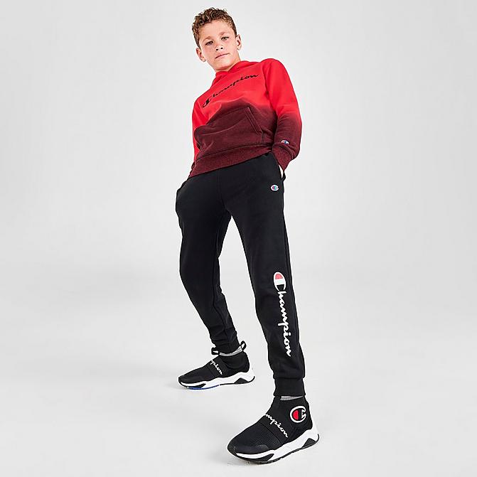Front view of Kids' Champion Script French Terry Jogger Pants in Black Click to zoom
