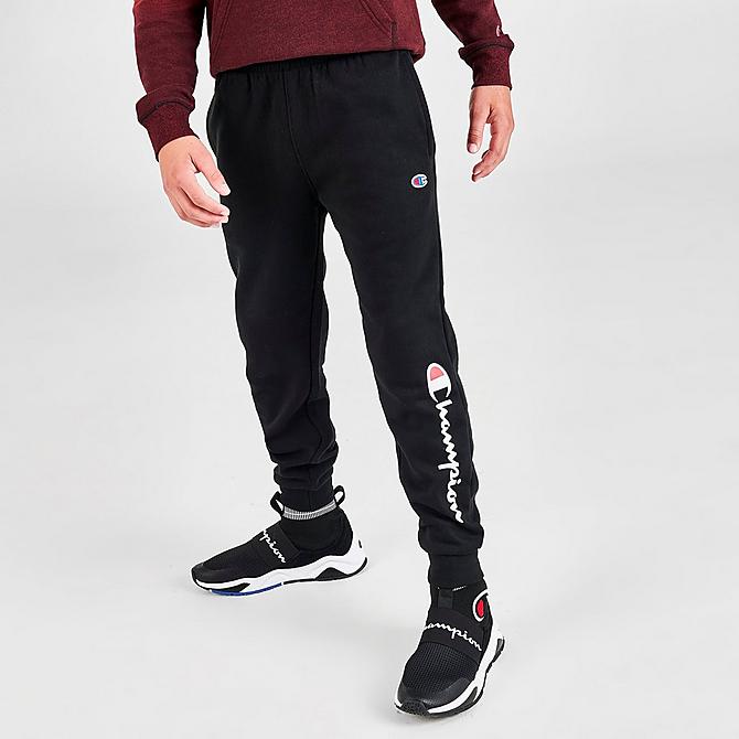 Back Left view of Kids' Champion Script French Terry Jogger Pants in Black Click to zoom