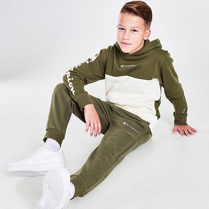 Front view of Boys' Champion Small Script Jogger Pants in Olive Click to zoom