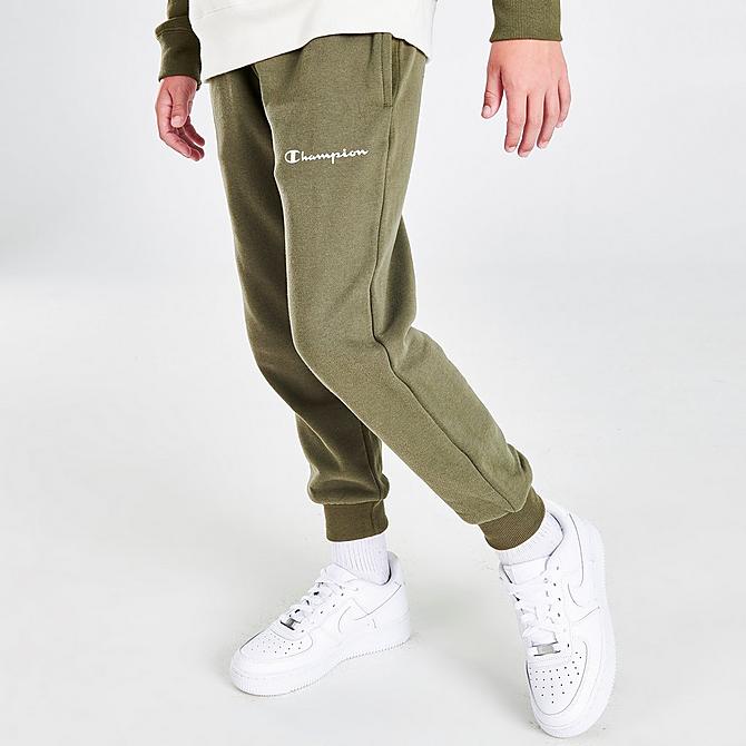 Front Three Quarter view of Boys' Champion Small Script Jogger Pants in Olive Click to zoom