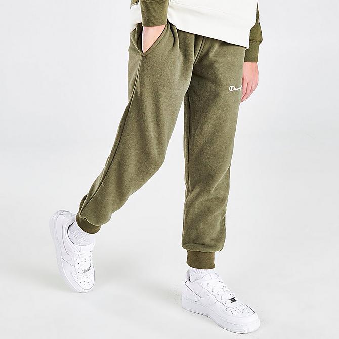 Back Left view of Boys' Champion Small Script Jogger Pants in Olive Click to zoom