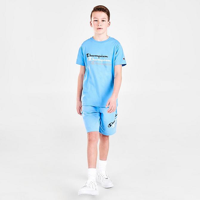 Front view of Boys' Champion Triple Script T-Shirt and Shorts Set in Blue Click to zoom