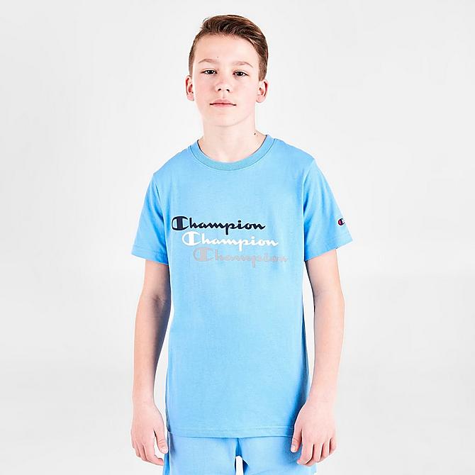 Back Left view of Boys' Champion Triple Script T-Shirt and Shorts Set in Blue Click to zoom