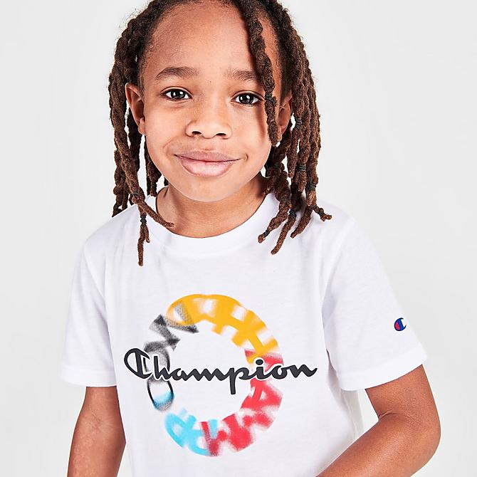 On Model 5 view of Little Kids' Champion Color Wheel T-Shirt and Shorts Set in White/Black Click to zoom