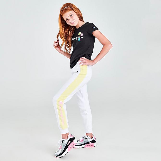 Front view of Girls' Champion Smiley Script Logo Jogger Pants in White/Pink/Yellow Click to zoom