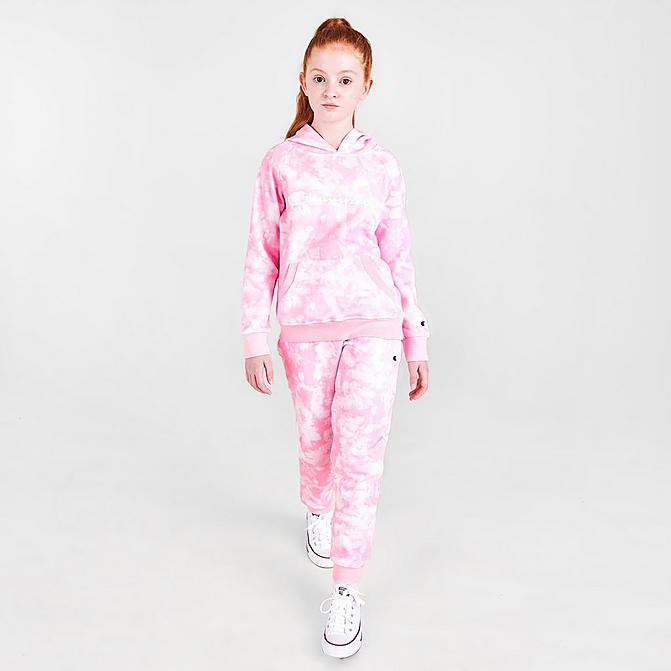 Front view of Girls' Champion Tie-Dye Allover Print Hoodie and Jogger Pants Set in Pink Candy Click to zoom