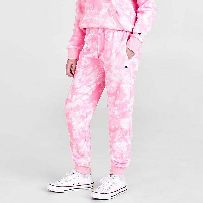 Back Right view of Girls' Champion Tie-Dye Allover Print Hoodie and Jogger Pants Set in Pink Candy Click to zoom