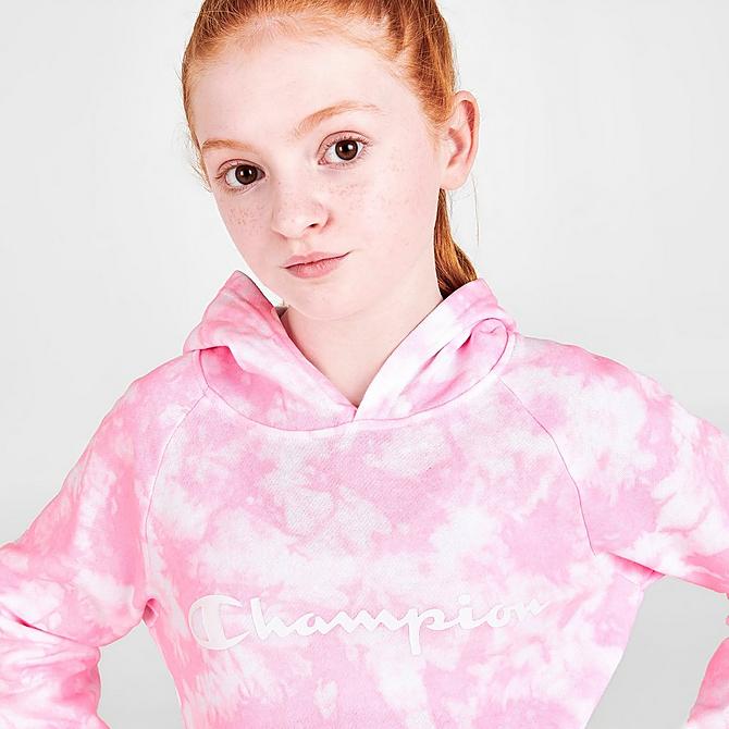 On Model 5 view of Girls' Champion Tie-Dye Allover Print Hoodie and Jogger Pants Set in Pink Candy Click to zoom