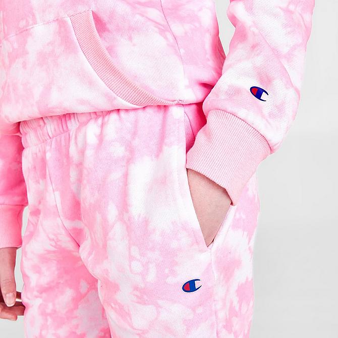 On Model 6 view of Girls' Champion Tie-Dye Allover Print Hoodie and Jogger Pants Set in Pink Candy Click to zoom