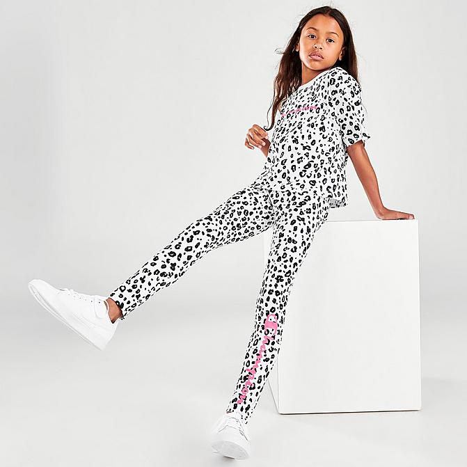 Front view of Girls' Champion Leopard Print Script Leggings in White/Black/Pink Click to zoom