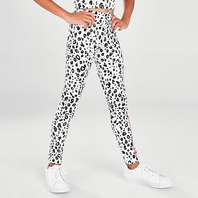 Front Three Quarter view of Girls' Champion Leopard Print Script Leggings in White/Black/Pink Click to zoom