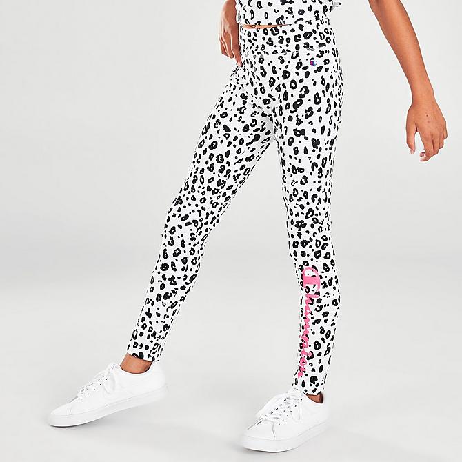 Back Left view of Girls' Champion Leopard Print Script Leggings in White/Black/Pink Click to zoom