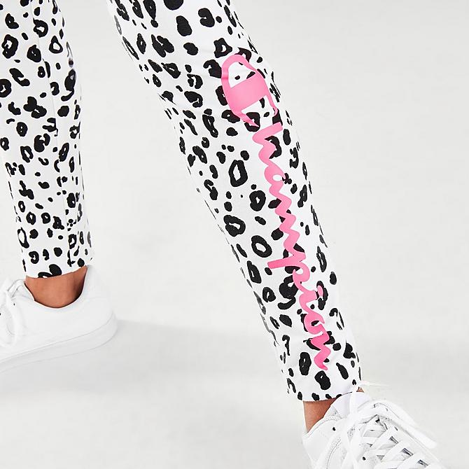 On Model 6 view of Girls' Champion Leopard Print Script Leggings in White/Black/Pink Click to zoom