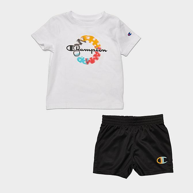 Front view of Infant Champion Color Wheel T-Shirt and Shorts Set in White/Black Click to zoom