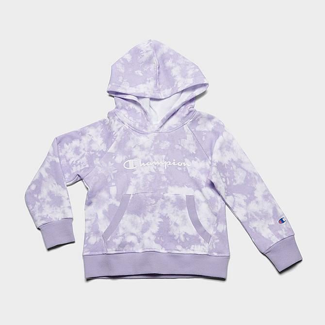 [angle] view of Girls' Toddler Champion Tie-Dye Allover Print Hoodie and Jogger Pants Set in Light Purple/White Click to zoom