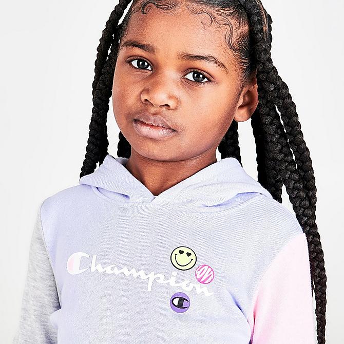 [angle] view of Girls' Toddler Champion Graphic Hoodie and Jogger Pants Set in Pink/Violet/Multi Click to zoom
